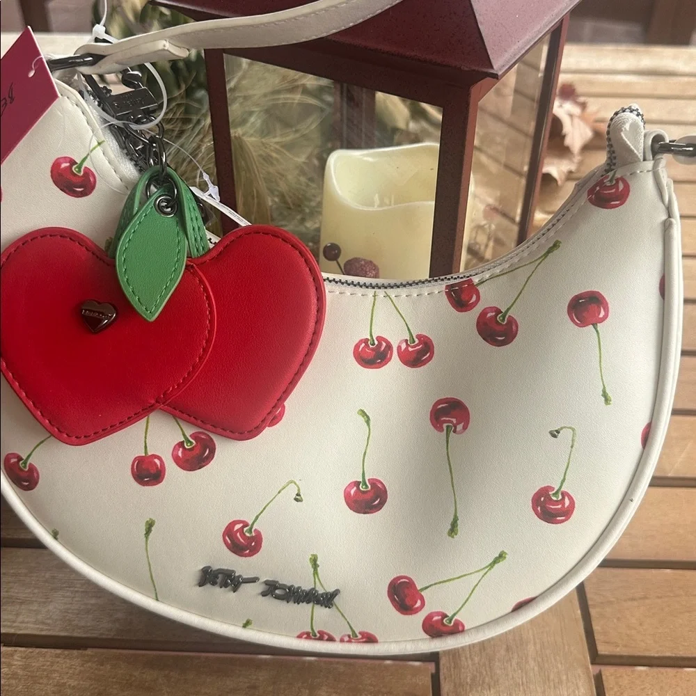 Betsey Johnson half moon white with cherries shoulder bag